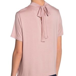NWT Tie Neck Mock Soft Top Pink Adobe Bow Back Tee Small Medium Rayon Jersey